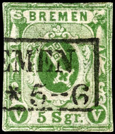 1349 5 Sgr. Schwarzgelbgrün Mit Ra2 " Bremen ", Schnittmängel Und Helle Stellen, Fotobefund Heitmann BPP, Mi. 380.-, Kat - Bremen