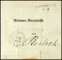 1397 "HAGENOW-ROSTOCK III T 1/4"; (K2) Literaturunbekannter Bahnpoststempel Auf Retour-Recepisse Von "FREYENSTEIN" (L2)  - Mecklenburg-Schwerin