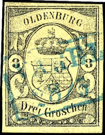 1404 3 Gr. Schwarz Auf Gelb Tadellos Gestempelt Und Allseits Voll- Bis Breitrandig, Kabinett, Mi. 750.-, Katalog: 8 O - Oldenburg