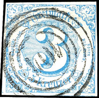 1551 3 Kr. Blau, Zentrisch Gestempelt Mit Vierringstempel 104 Von Darmstadt, Allseits Voll- Bis Breitrandig Mit Teilen V - Sonstige & Ohne Zuordnung