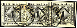 1595 1 Kr. Schwarz Auf Gelbweiß, Type III, Waagerechter 3er-Streifen Mit DKr. ROSENFELD 4.MAI.1855, Links Minimal Tangie - Sonstige & Ohne Zuordnung