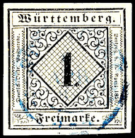 1596 1 Kreuzer Schwarz Auf Sämisch, Type I, Vollrandiges Kabinettstück, Zentrisch Gestempelt Mit Blauem K2 "STUTTGART",  - Sonstige & Ohne Zuordnung