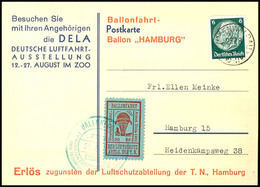 2810 30 Pfg. Ballonfmarke Rot Auf Mattkobalt Auf Entsprechender DELA-Sonderkarte Mit 6 Pfg. Hindenburg Und Allen Stempel - Luft- Und Zeppelinpost