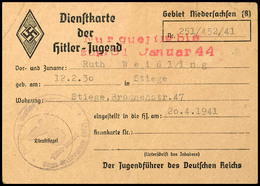 2990 1941, Dienstkarte Der Hitler-Jugend Für Das Gebiet Niedersachsen Mit Rotem L2 "Nur Gueltig Bis Zum 31.Januar 1944", - Sonstige & Ohne Zuordnung