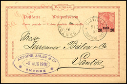 3109 20 Para A. 10 Pfg, GS-Postkarte Mit Stempel "SMYRNA DP A 5 / 8 01" Via Genua Nach Santos/Brasilien. Für Eine Bei De - Deutsche Post In Der Türkei