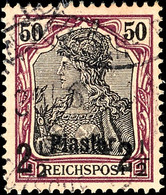 3149 2½ Pia. Auf 50 Pfg Reichspost Mit Plattenfehler XIV, Sauber Gestempelt, Gut Gezähnt, Einriss Oben, Seltener Platten - Deutsche Post In Der Türkei