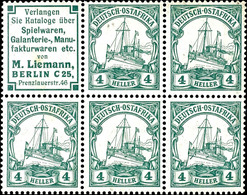 3229 Reklame "Liemann" + 4 H. Kaiseryacht, Waagerechter Zusammendruck Im Heftchenblatt Ohne Rand, Ungebraucht, Pracht, K - Deutsch-Ostafrika