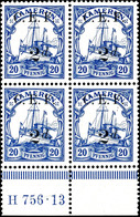 3293 2d Auf 20 Pfg Kaiseryacht, Unterrandviererblock Mit HAN "H 756.13", Tadellos Postfrisch, Sehr Selten, Mi. -.-, Kata - Kamerun