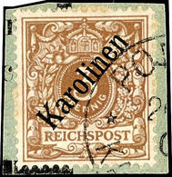 3305 3 Pfg Krone/Adler Mit Diagonalem  Aufdruck "Karolinen", Tadellos Gestempet Auf Briefstück, Fotoattest Steuer BPP "g - Karolinen