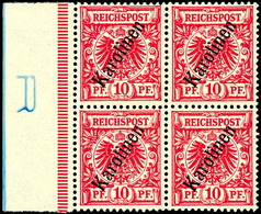 3307 10 Pfg Krone/Adler Mit Steilem Bdr.-Aufdruck "Karolinen", Postfrischerer Viererblock Vom Linken Bogenrand, Mi. 320. - Karolinen