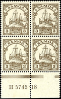 3380 3 Pfg Kaiseryacht, Viererblock Vom Unterrand Mit HAN "H 5745.18", Tadellos Postfrisch, Mi. 80.-, Katalog: 20HAN ** - Samoa