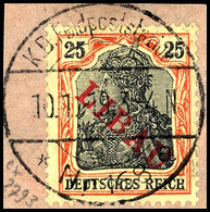 3440 25 Pfg Germania Rotorange/schwarz Auf Gelbweiß Mit Rotem Aufdruck "LIBAU" In Type II, Gestempelt Auf Briefstück, Ge - Other & Unclassified