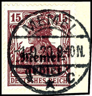 3658 15 Pfg Germania Mit Aufdruck "Memelgebiet", Dunkelbraunpurpur, Tadellos Gestempelt Auf Briefstück, Gepr. Klein VP,  - Memelgebiet 1923