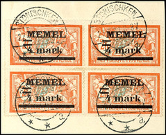 3673 4 Mark Auf 2 Fr. Flugpostmarke, Y-Papier, Aufdruckfehler Ia "4 Verdickt", Viererblock Mit Drei Normalmarken, Tadell - Memelgebiet 1923