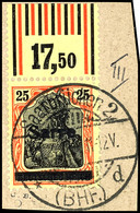 3718 25 Pfg Germania Rötlichorange/schwarz Auf Gelbweiß Mit Aufdruck "Sarre" In Type III, Walzenoberrandstück, Gestempel - Sonstige & Ohne Zuordnung