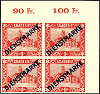 4003 1 Fr. Dienstmarke, Aufdruck In Type I, Abart "ungezähnt", Viererblock Vom Eckrand Oben Rechts, Feld 9/10 Und 19/20, - Sonstige & Ohne Zuordnung