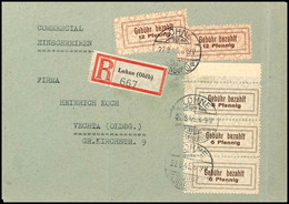 5193 6 Pfg Gebührenzettel Mit Abart III Im Senkrechten Oberrand-3er-Streifen Mit Normalmarken Sowie Zwei Stück 12 Pfg, E - Lohne