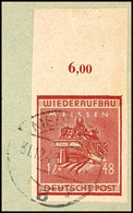 5205 12+48 Dunkellilabraun Geschnitten, Gestempeltes Oberrandstück In Guter Farbe, Entwertet MEISSEN 31.12.45 (Ersttag!) - Meissen