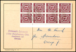 5378 15 Pfg Ziffer, Senkrechter Rand-8er Block Als Portogerechte Zehnfachfranktaur Auf Postkarte Von "BURGHAUSEN 22.6.48 - Sonstige & Ohne Zuordnung