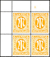6239 6 Pf. AM-Post Englischer Druck, Orange, Linker Oberer Eckrand-4er-Block Mit Plattennummer IC, Postfrisch, Kurzbefun - Other & Unclassified