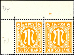 6241 6 Pf. AM-Post Englischer Druck, Orange, Gez. 14½:14¼, Linkes Oberes Eckrandpaar Mit Plattennummer 1B, Postfrisch (R - Other & Unclassified