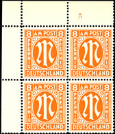 6248 8 Pfg AM-Post, Englischer Druck, Eckrand-4er-Block Mit Platten-Nr. "4C", Tadellos Postfrisch, Unsigniert, Kurzbefun - Other & Unclassified