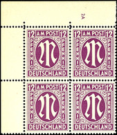 6251 12 Pfg AM-Post, Englischer Druck, Eckrand-4er-Block Mit Platten-Nr. "2A", Tadellos Postfrisch, Unsigniert, Mi. 256, - Sonstige & Ohne Zuordnung