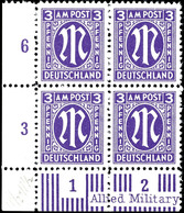 6257 3 Pfg AM-Post, Deutscher Druck, Dunkelbläulichviolett Auf Z-Papier Eckrand-4er-Block Mit Bogenrandinschrift, Tadell - Sonstige & Ohne Zuordnung