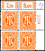 6265 8 Pfg AM-Post, Deutscher Druck, Eckrand-4er-Block Mit Roter Bogenrandzählnummer "599", Tadellos Postfrisch, Unsigni - Other & Unclassified