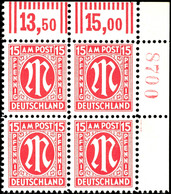 6274 15 Pfg AM-Post, Deutscher Druck, Eckrand-4er-Block Mit Roter Bogenrandzählnummer "8700", Tadellos Postfrisch, Unsig - Sonstige & Ohne Zuordnung