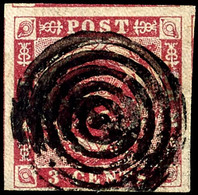 6672 1856, 3 C. Dunkelkarmin, Voll- Bis überrandig, Mit Stummen Stempel, Tadellos, Katalog: 1 O - Dänisch-Westindien