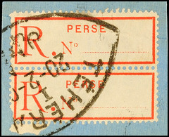 7056 1909, Einschreibenzettel Im Senkrechten Paar Als Zweimal 1Ch. Marke Verwendet, Sehr Dekorativ Gestempelt "TEHERAN", - Iran