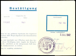 7136 Auto: 1942, Buchungsbestätigungs-Vordruck Der Deutschen Arbeitsfront über 250 RM Für Einen KdF-Wagen (Sparkarte) Mi - Sonstige & Ohne Zuordnung