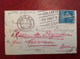 Perforé Sur Lettre  30 C  Semeuse Paris Départ Petite Perforation Sur Le Bras Et La Jambe  Verso Hexagonal Reyrieux - Altri & Non Classificati