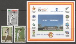 BARBADOS 2000  100 Test Cricket Match   Set Of 3 + Souvenir Sheet UM - MNH - Barbados (1966-...)