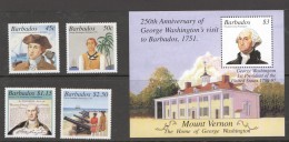 BARBADOS 2001    George Washington's Visit To Barbados 250th Ann. Set Of 4 + Souvenir Sheet   MM- MH - Barbades (1966-...)