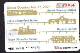 Carte Prépayée Japon * DISNEY RESORT LINE (1722) TRAIN * GRAND OPENING 2001 * 1000 YEN * JAPAN PREPAID CARD - Disney