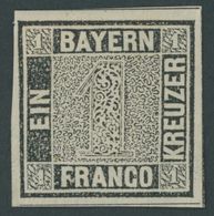 BAYERN 1Ia *, 1849, 1 Kr. Schwarzgrau, Platte 1, Breitrandig Mit 3 Schnittlinien, Farbfrisches Prachtstück, Mi. 1300.- - Other & Unclassified