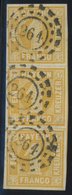 BAYERN 8I O, 1862, 1 Kr. Orangegelb, Spitze Ecken, Im Senkrechten Breitrandigen Dreierstreifen Mit Offenem MR-Stempel 26 - Other & Unclassified