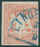 BAYERN 19 O, 1867, 18 Kr. Dunkelzinnoberrot Mit Blauem Segmentstempel!, Kabinett, Gepr. Schmitt - Other & Unclassified