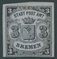 BREMEN 1x *, 1855, 3 Gr. Schwarz Auf Graublau, Senkrecht Gestreiftes Papier, Type III, Falzreste, Pracht, Mi. 600.- - Bremen