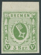 BREMEN 4c *, 1859, 5 Sgr. Grün, Oberrandstück, Falzrest, Pracht, Signiert - Bremen