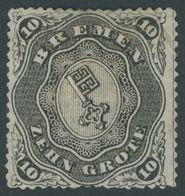 BREMEN 8A *, 1863, 10 Gr. Schwarz, Durchstich D 1I, Mehrere Falzreste, Kleine Helle Stelle, Feinst, Signiert U.a. Schles - Bremen
