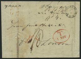 HAMBURG 1842, T 1 NOV, Rote Sonderform Auf Brief Von Königsberg (K1) Nach London, Feinst (Reg.-büge) - Prephilately