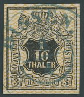 HANNOVER 12 O, 1856, 1/10 Th. Schwarz/orangegelb, Zentrischer Blauer Stempel DISSEN, Pracht - Hanovre