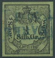 OLDENBURG 1 O, 1855, 1/3 Sgr. Schwarz Auf Grünoliv, Blauer R2 VAREL, Allseits Breitrandig, Farbfrisches Kabinettstück, S - Oldenbourg