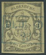 OLDENBURG 8 O, 1859, 3 Gr. Schwarz Auf Graugelb, Blauer R2 DEDESDORF, Pracht, Mi. 750.- - Oldenbourg