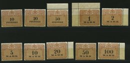 SACHSEN **, 1910, 10 Pf. - 100 Mk. Stempelmarken, Wz. Treppen, 10 Werte Postfrisch, Pracht - Saxony