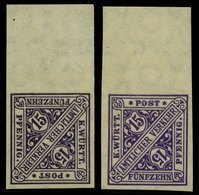 WÜRTTEMBERG 252PU **, 1917, 15 Pf. Violettschwarz (2 Verschiedene Farben!), Ungezähnt, Mit Oberrand, 2 Prachtwerte (1x L - Autres & Non Classés