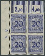 Dt. Reich 341WOR VB **, 1923, 20 Pf. Dunkellilaultramarin, Walzendruck, Im Viererblock Aus Der Linken Oberen Bogenecke,  - Used Stamps